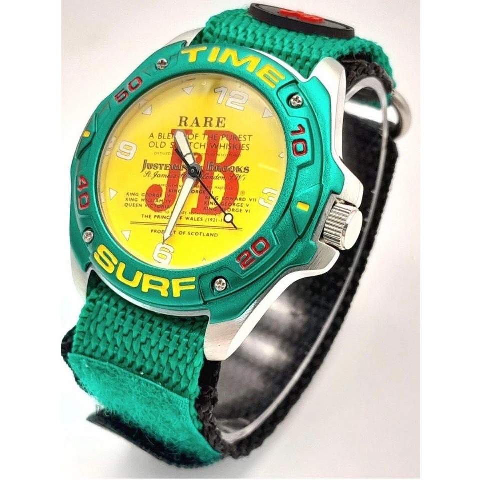 Vintage J&B Rare Scotch Whisky Time Surf Watch Teal Yellow Retro Sport Case